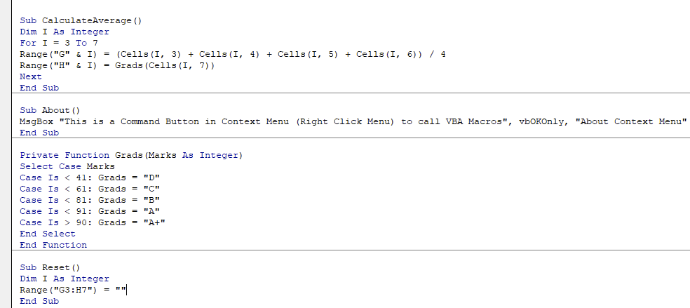 Context menu method Code
